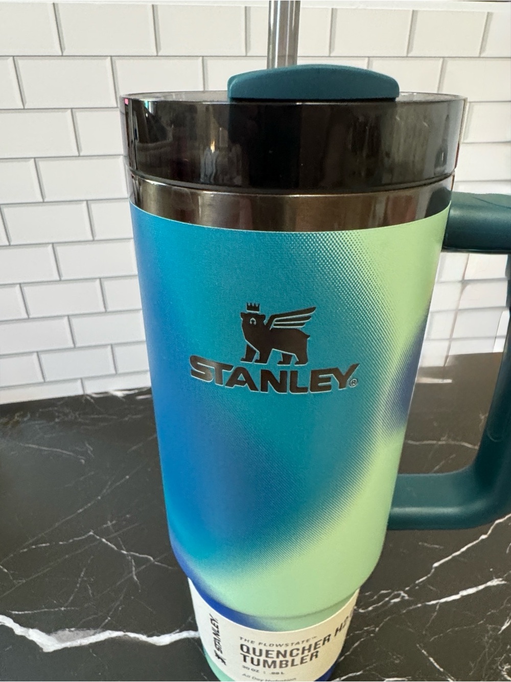 Stanley Gradient Teal to Light Green Travel Tumbler with Handle